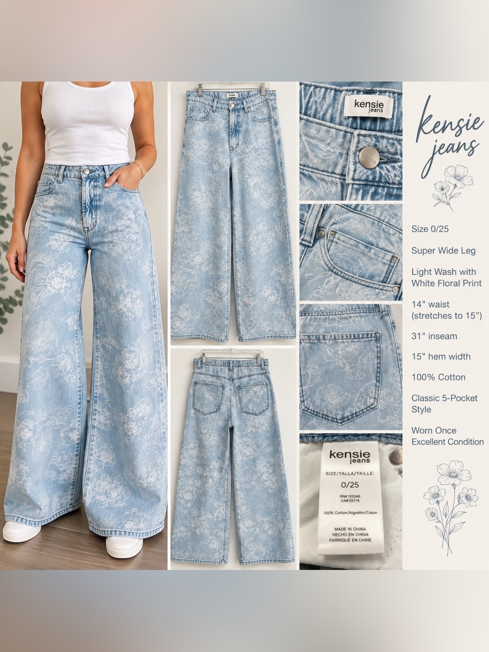 Kensie Light Blue Floral-Print Wide-Leg Jeans